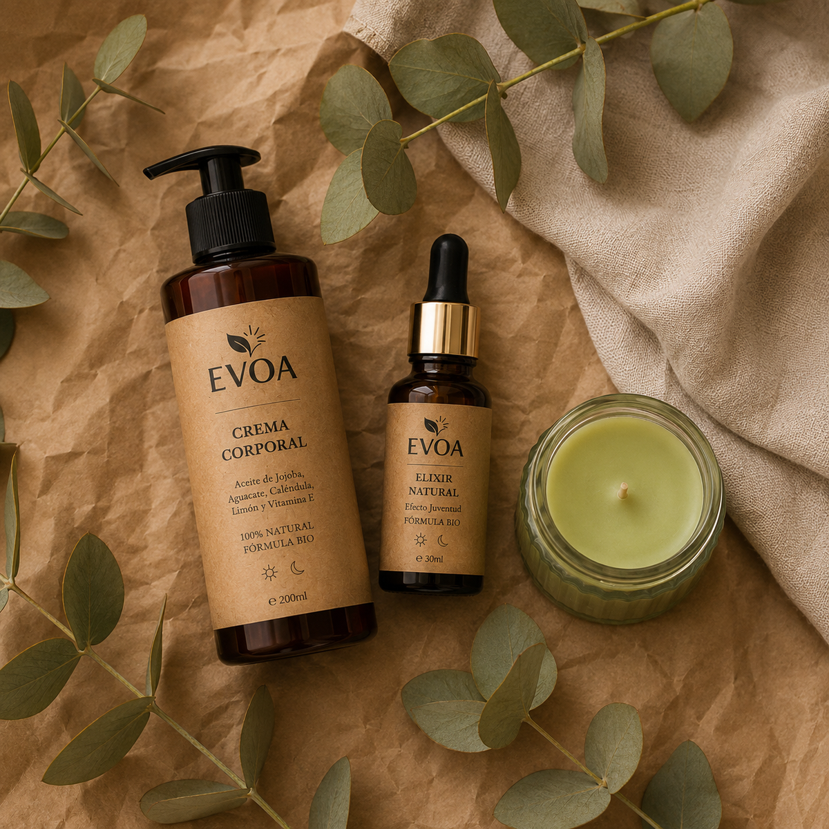 Pack Regalo EVOA – Crema Corporal + Elixir Facial + Vela Aromática