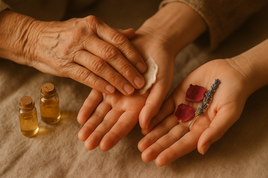 Foto cálida y suave de unas manos mayores y jóvenes juntas, aplicando una crema, flores y esencias