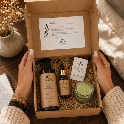 Pack Regalo EVOA – Crema Corporal + Elixir Facial + Vela Aromática
