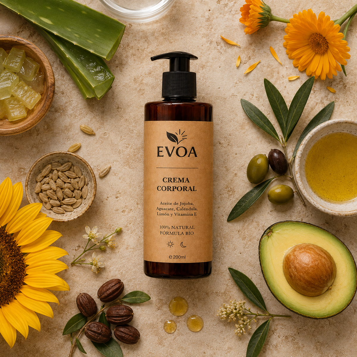 Crema corporal con jojoba, aguacate, caléndula y vitamina E